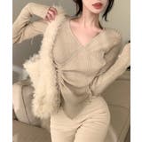 ニット Vネックウエストギャザーリボンニットトップス 韓国ファッション | aimoha  | 詳細画像5 