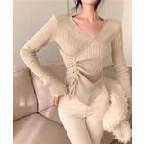 ニット Vネックウエストギャザーリボンニットトップス 韓国ファッション | aimoha  | 詳細画像6 