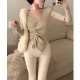 ニット Vネックウエストギャザーリボンニットトップス 韓国ファッション | aimoha  | 詳細画像7 