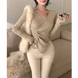 ニット Vネックウエストギャザーリボンニットトップス 韓国ファッション | aimoha  | 詳細画像9 