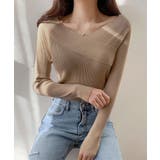 ベージュ | セクシーVネックニットトップス 韓国ファッション ワンピース | aimoha