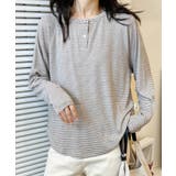 ホワイト | ボーダーヘンリーネック長袖Tシャツ | aimoha 