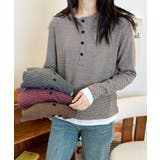 ベージュ | ヘンリーネックボーダー長袖Tシャツ | aimoha