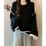 ブラック | 配色ラインニットプルオーバー | aimoha