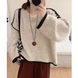 ベージュ | 配色ラインニットプルオーバー | aimoha