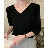 ブラック | 【BANICO】Vネック五分袖ゆったりニットソー | aimoha