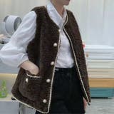 フェイクファーボアパールボタンベスト 韓国ファッション ツイードジャケット | aimoha  | 詳細画像1 