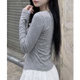 【Jasmine】ドット柄レースインナー風リボントップス | aimoha | 詳細画像3