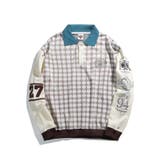 ベージュ | ポロシャツ古着風アメカジチェック切り替えポロスウェット ストリート系 ロンT | HOOK