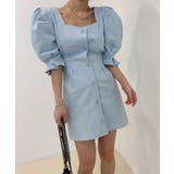 ブルー | スクエアネックパワショルミニワンピース 韓国ファッション ハイウエスト | aimoha