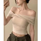 ベージュ | オフショルクロスデザイン半袖Tシャツ Jasmine Grandiflorum | aimoha
