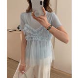 ブルー | 【Jasmine】チュールフリルキャミソール+ベーシックショートTシャツ | aimoha