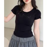 ブラック |  【Jasmine】カップ付き！レーススリムフィットTシャツ | aimoha 