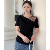【Jasmine】レース切り替えアシメトリーデザインTシャツ | aimoha  | 詳細画像5 