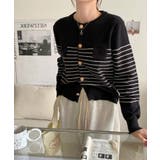 ブラック | ボーダー柄カーディガン ニット 丸首 | aimoha 