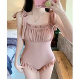 ピンク | リボンショルダーフリルスイムウェア 水着 UVカット | aimoha 
