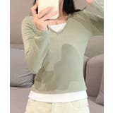 グリーン | Vネック長袖リブトップス | aimoha 