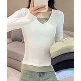 ホワイト | Vネック長袖リブトップス | aimoha 