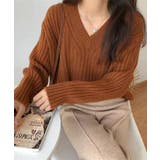 ブラウン | Vネックリブ編みゆるニットプルオーバー | aimoha 