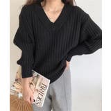 ブラック | Vネックリブ編みゆるニットプルオーバー | aimoha 