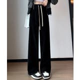 ブラック | リブニットワイドパンツ ロング丈 春夏秋冬 | aimoha