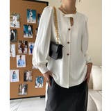 ホワイト | ノーカラーフロントデザインブラウス 長袖シャツ 韓国ファッション | aimoha 