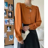 オレンジ | ノーカラーフロントデザインブラウス 長袖シャツ 韓国ファッション | aimoha 