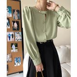 ライトグリーン | ノーカラーフロントデザインブラウス 長袖シャツ 韓国ファッション | aimoha 