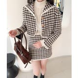 ブラウン(柄小) | 新色追加 フレンチガーリー千鳥柄ジャケット＆スカートセットアップ 韓国ファッショ… | aimoha 