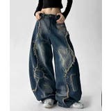 インディゴブルー | グラフィックステッチ ダメージ加工 デニムパンツ | HOOK