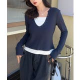 ネイビー | ボタン付きVネックレイヤードリブトップス | aimoha