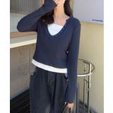 ボタン付きVネックレイヤードリブトップス | aimoha | 詳細画像3