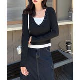 ブラック | ボタン付きVネックレイヤードリブトップス | aimoha