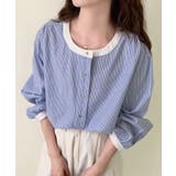 ブルー | ラウンドネックハーフボタンシャツ | aimoha 