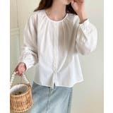 ホワイト | ギャザーラウンドネックコットンブラウス | aimoha 