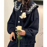 ネイビー | 刺繍襟付きデニム風ブラウス | aimoha 