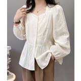 ライトベージュ | フリル花柄ペンタゴンネックシャツブラウス | aimoha