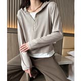 ベージュ | ボタンデザインフード長袖トップス | aimoha 