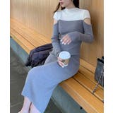 ワンピース 2トーンカラー肩開きニットロングワンピース 韓国ファッション | aimoha | 詳細画像3