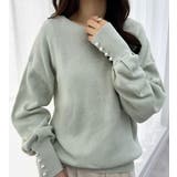 ミントグリーン | ボートネック×袖パールの上品トップス パール調ボタン付ミラノリブニット | alotta