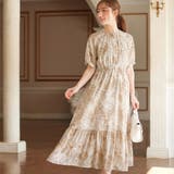 ベージュ | 線画タッチ花柄ギャザー切替ワンピース | alotta