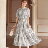 グレー | 線画タッチ花柄ギャザー切替ワンピース | alotta