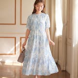 ブルー | 線画タッチ花柄ギャザー切替ワンピース | alotta