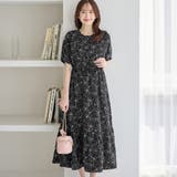 ブラック系花柄 | 線画タッチ花柄ギャザー切替ワンピース | alotta