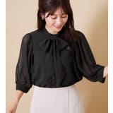 ブラック | インナー付パフ袖ギャザーボウタイブラウス | alotta