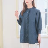 ネイビー | パール調ボタン付フリルデニムチュニック | alotta
