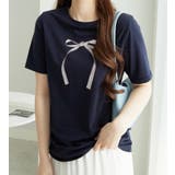 ネイビーリボン | 大人かわいいプリント綿混Ｔシャツ | alotta