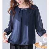 ネイビー | アクセ付シフォンタックブラウス７分袖 | alotta