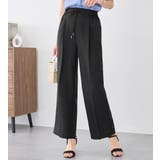 ブラック | 麻調素材ウエストリボンワイドパンツ | alotta