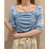 ブルー | スクエアネック クロップド丈 オフショル Tシャツ ギャザー リボン | ALTROSE